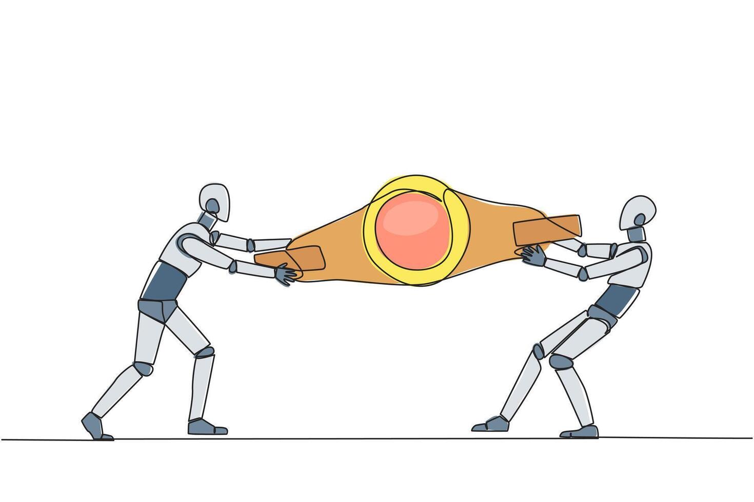 soltero continuo línea dibujo dos emocional robot luchando terminado boxeo cinturón. lucha para a ser el mayor y mas fuerte robot. robótico batalla. futuro tecnología. uno línea diseño ilustración vector