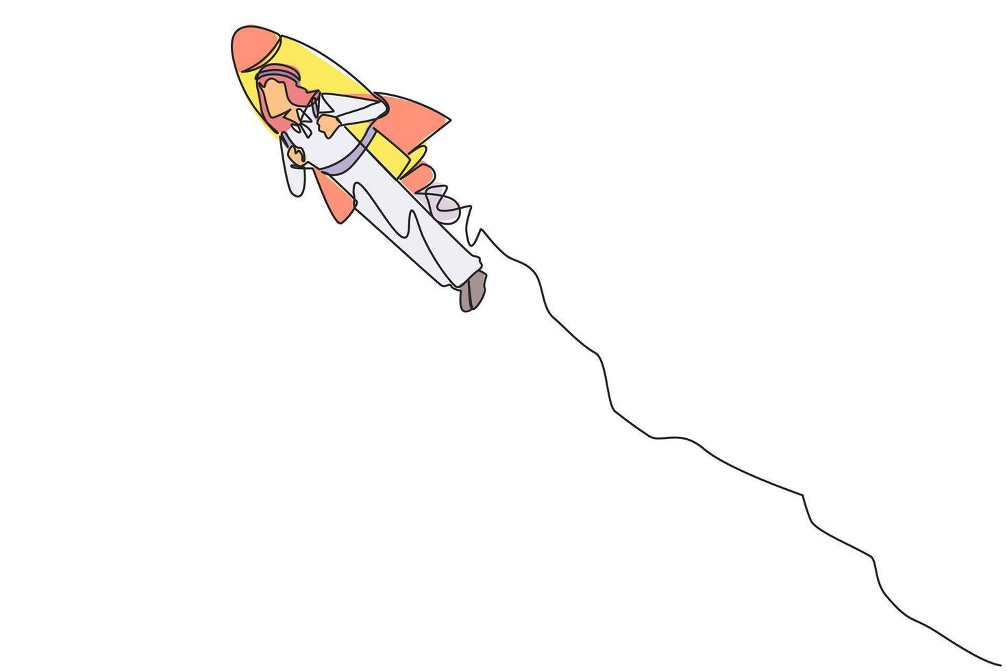 Single one line drawing Arabian businessman flying with rocket. Desire to take the business to the skies. Successful entrepreneur. The great businessman. Continuous line design graphic illustration vector