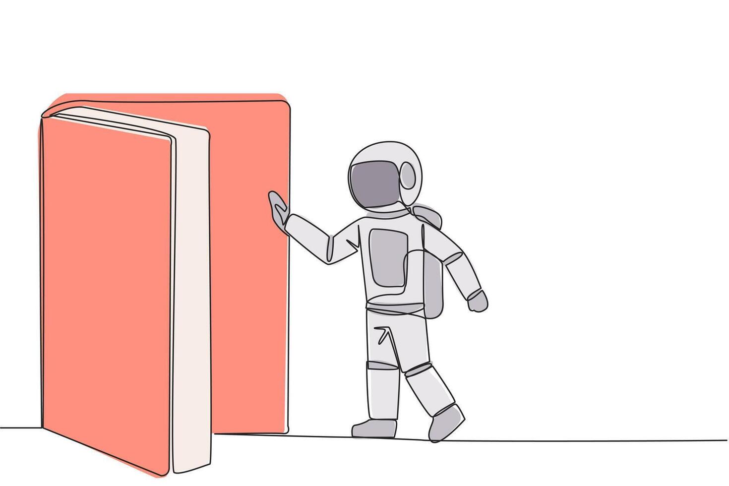 Single one line drawing astronaut open the book-shaped door. Book can open mind and see everywhere. Increase knowledge about the wider world. Book festival. Continuous line design graphic illustration vector