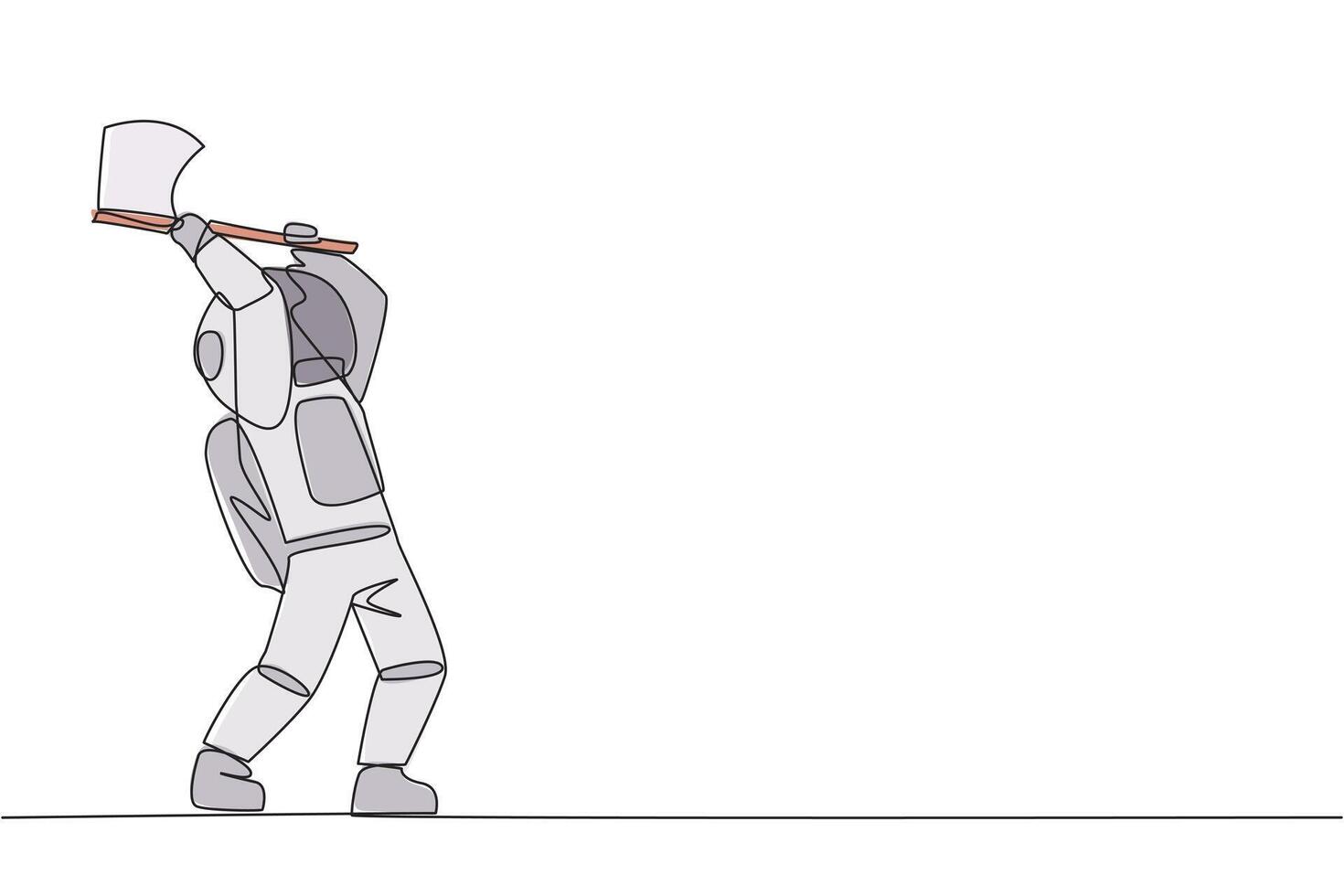 Single one line drawing young young astronaut swinging an axe. Style like a lumberjack. Strong. Muscular. Powerful. Sports for physical health. Awareness. Continuous line design graphic illustration vector