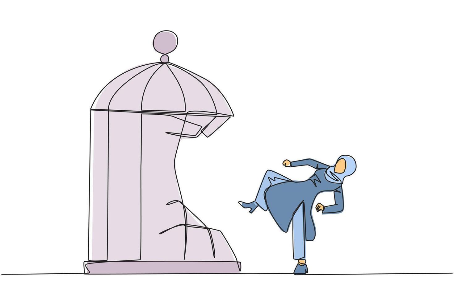 Continuous one line drawing Arabian businesswoman destroy cage with the kick. Metaphors remove the comfort zone trap. A genius entrepreneur for the company. Single line draw design illustration vector
