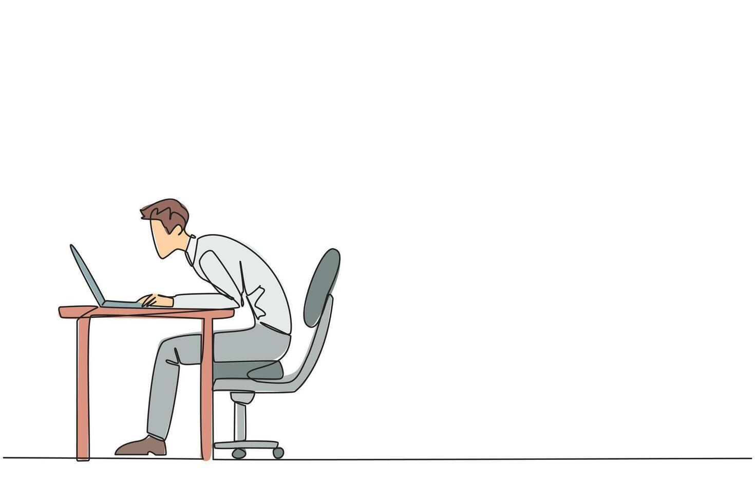 Single one line drawing hectic businessman sitting and typing on laptop computer. Work hard to achieve maximum expected results. Overtime and work smart. Continuous line design graphic illustration vector