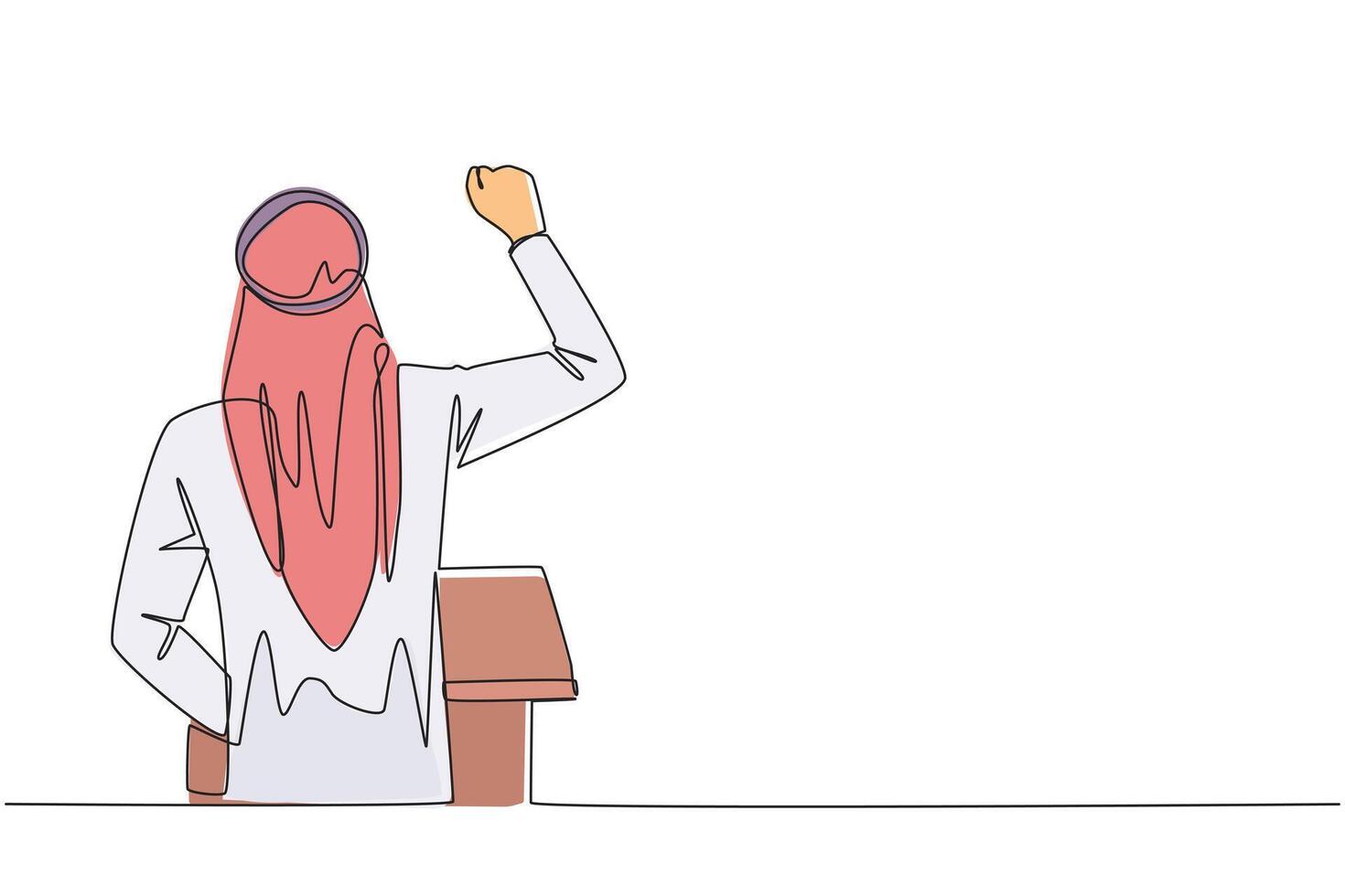 Continuous one line drawing rear view of Arab businessman speaking at podium. Raising and clenching hands, he enthusiastically gave financial gain oration. Single line draw design illustration vector