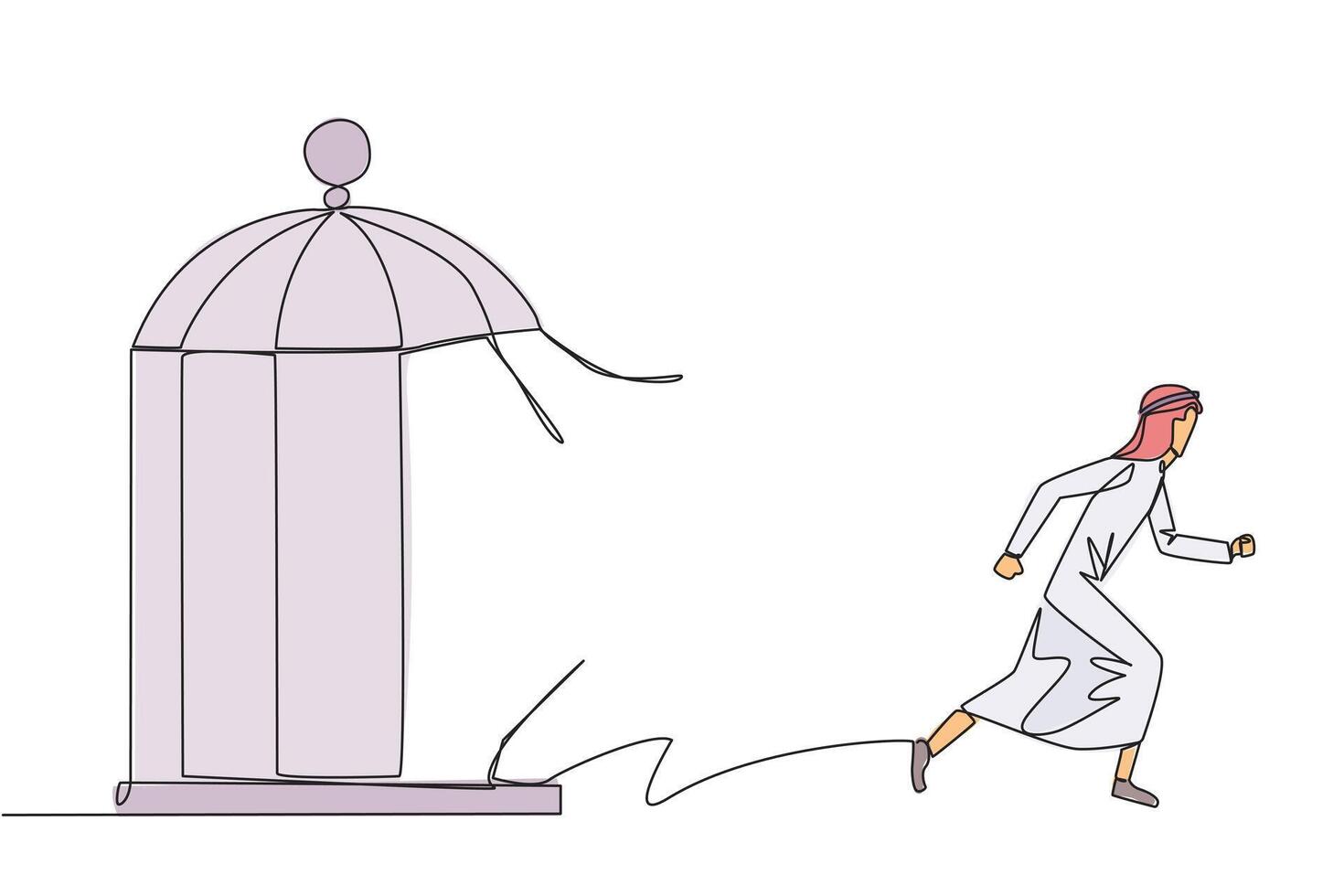 Single one line drawing Arabian businessman trapped in the cage running through the cage. Metaphor penetrates the maximum limit of self. Desire to succeed. Continuous line design graphic illustration vector