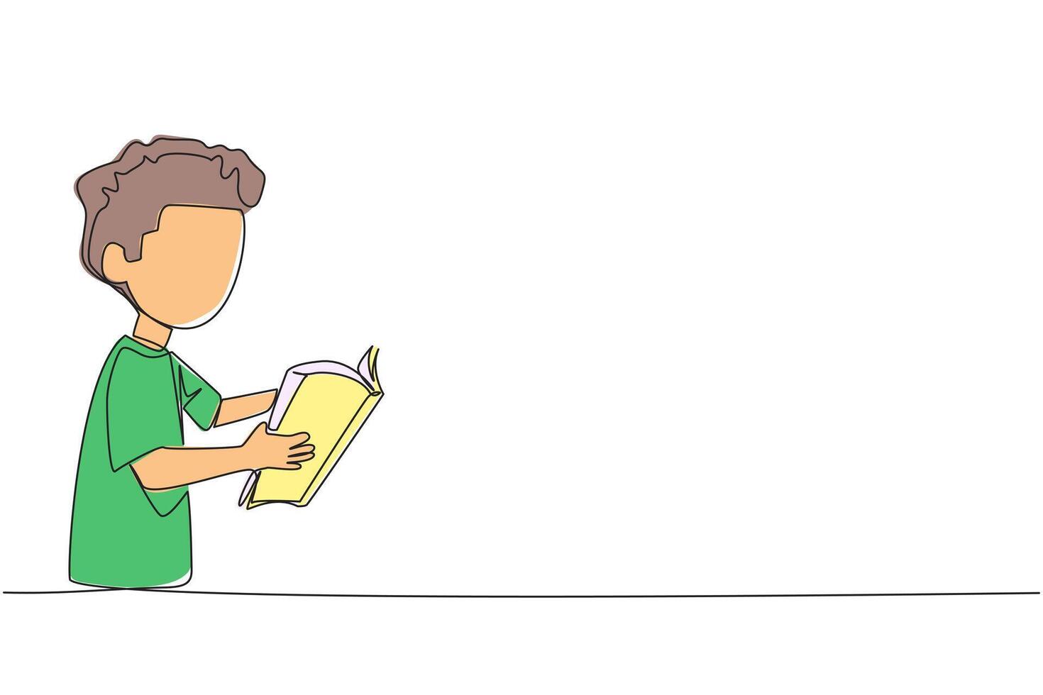 Single one line drawing boy are very focused on reading a book. Reading fiction story books during school holidays. Book festival concept. Very good habit. Continuous line design graphic illustration vector