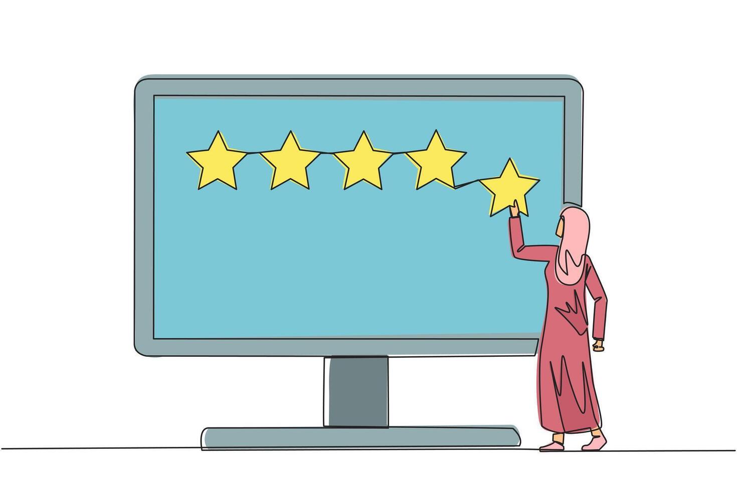 Single continuous line drawing Arabian woman standing and trying to stick one star on the big monitor. Giving 5 star feedback. Giving stars quality result. Giving review. One line illustration vector