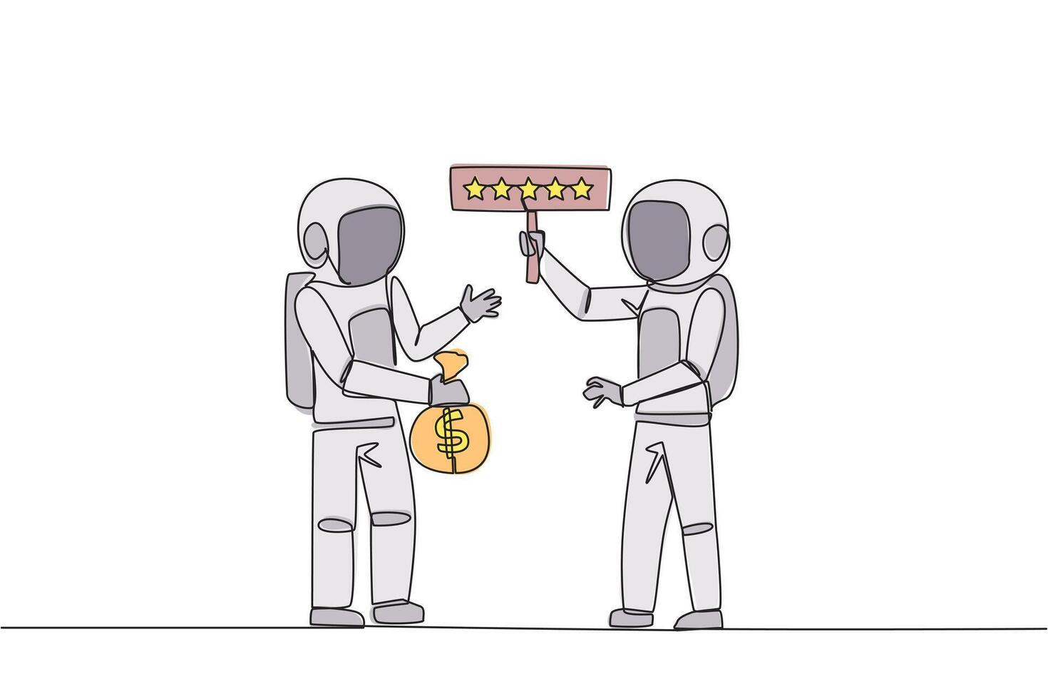 Single one line drawing two astronauts standing opposite each other. The one carry money bag, the other carry rating board with 5 stars. Buy and selling reviews. Continuous line graphic illustration vector