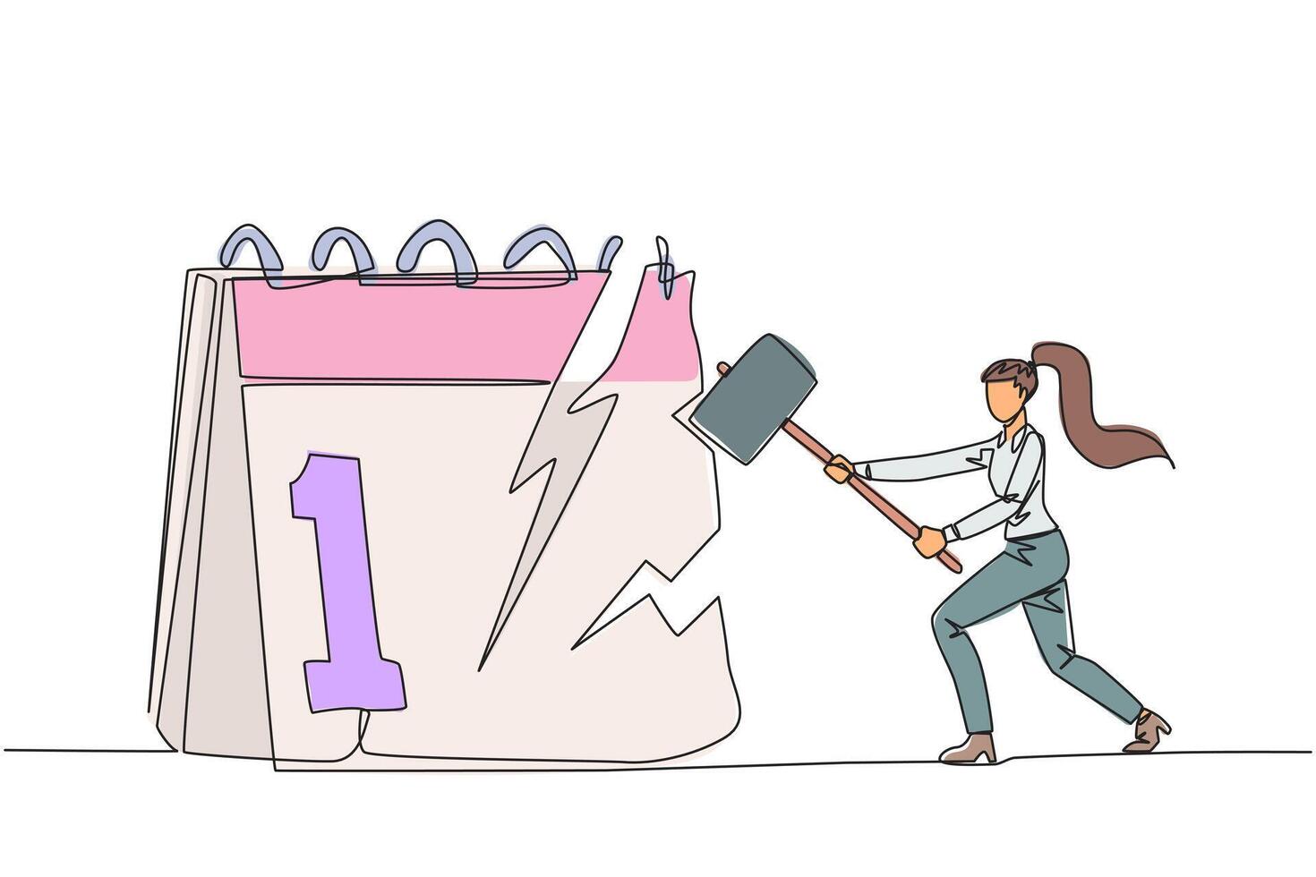 Single continuous line drawing businesswoman preparing to hit big desk calendar. Very angry expression. Lots of deadlines, holiday schedules become messy. Irate. One line design illustration vector
