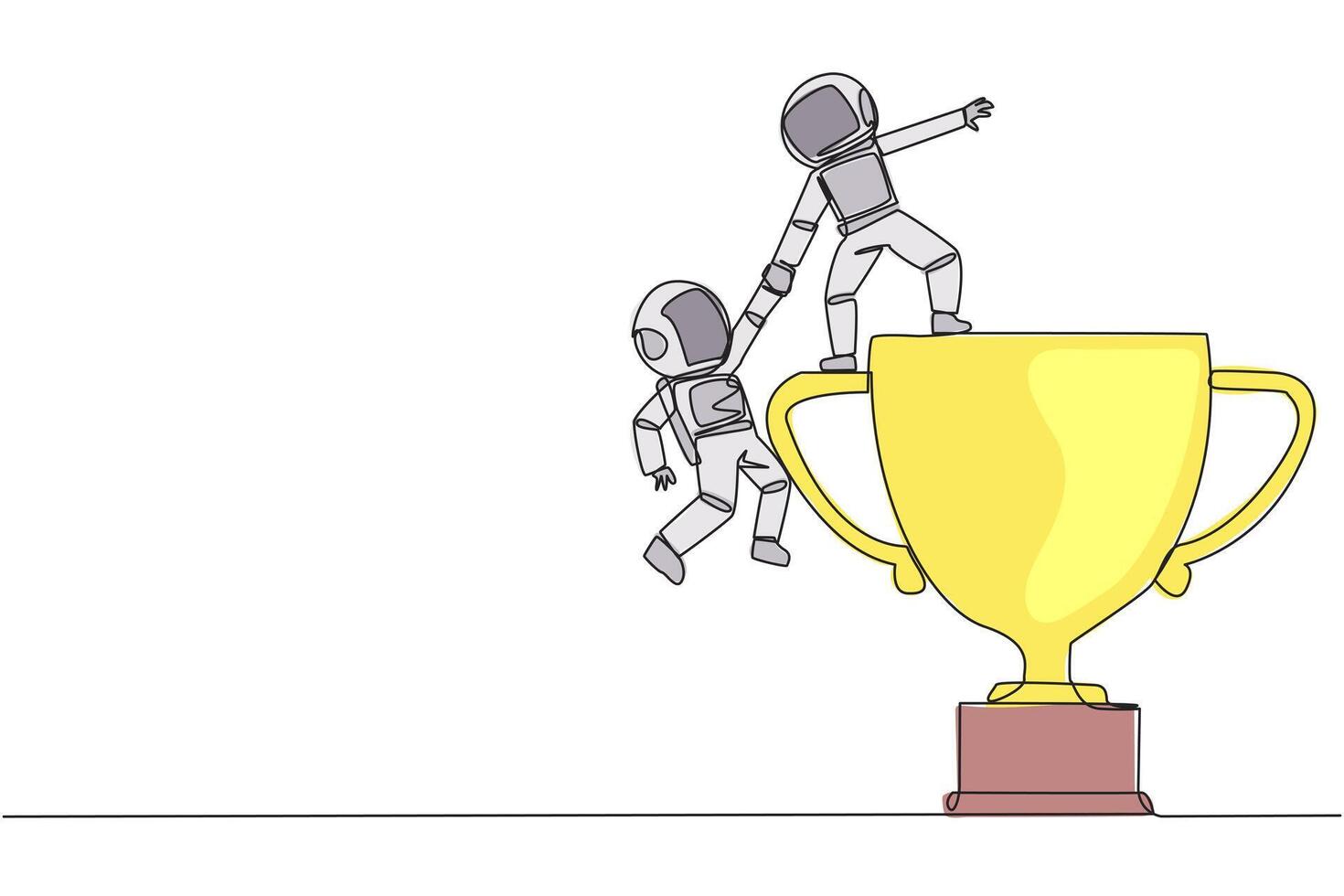 Continuous one line drawing astronaut helps colleague climb the big trophy. Achievement that cannot be achieved without great teamwork. Smart teamwork. Single line draw design illustration vector