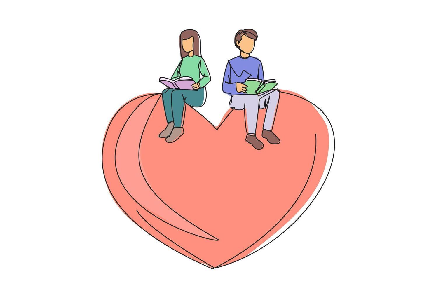 Single one line drawing man woman sitting on big heart. Reading the romantic fiction books. Enjoy the storyline. Hobby reading story books. Book festival concept. Continuous line graphic illustration vector