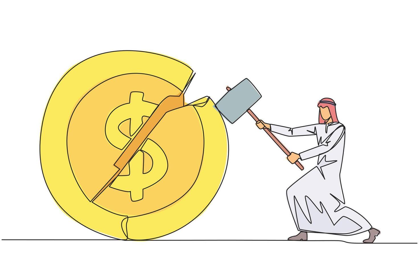 Continuous one line drawing Arab businessman preparing to hit coin with dollar symbol. Failed to get new investor. Failed to get income. Expressing anger. Single line draw design illustration vector