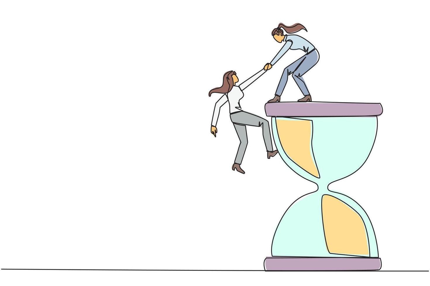 Single one line drawing businesswoman helps colleague climb the large hourglass. Have many assignment deadlines. Sharing with colleagues will become easier. Continuous line design graphic illustration vector