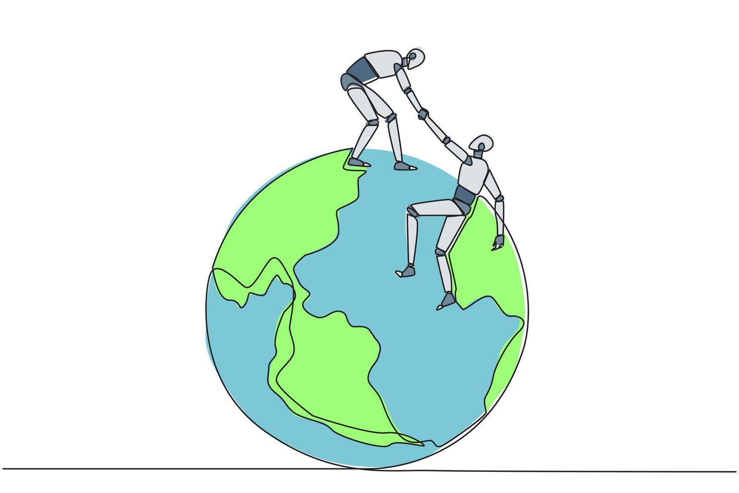 Single continuous line drawing smart robotic helps colleague climb the big globe. Metaphor of reaching top of the world through increasing business. Great teamwork. One line design illustration vector