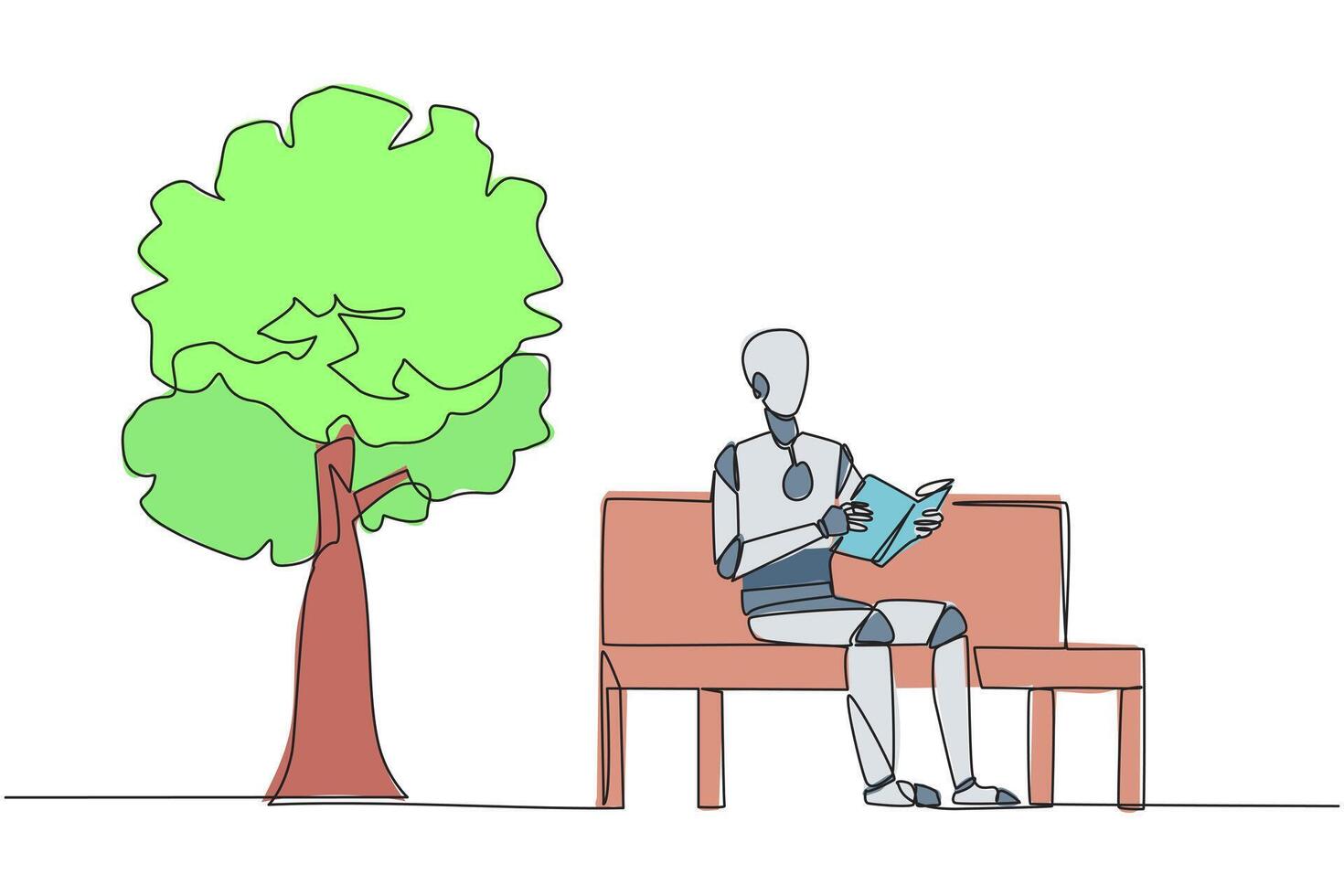 Continuous one line drawing robot sitting on park bench reading book. Learn by re-reading textbook. Read to get maximum marks. Reading increase insight. Single line draw design illustration vector