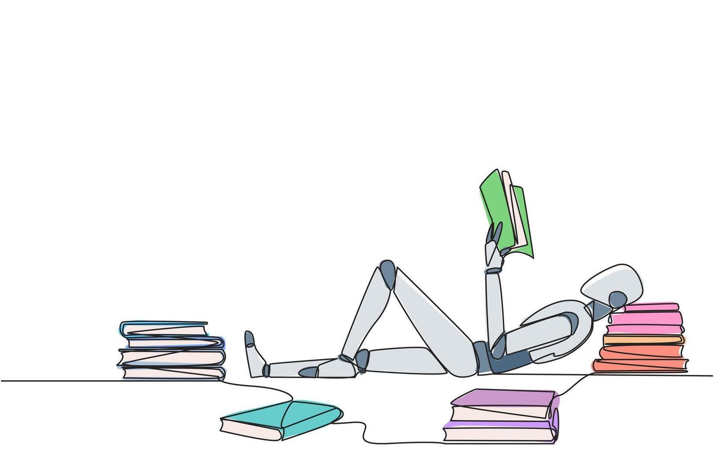Single one line drawing smart robot lying down reading a book. Lots of books scattered around. Hobby reading. Technology book festival concept. Future AI. Continuous line design graphic illustration vector