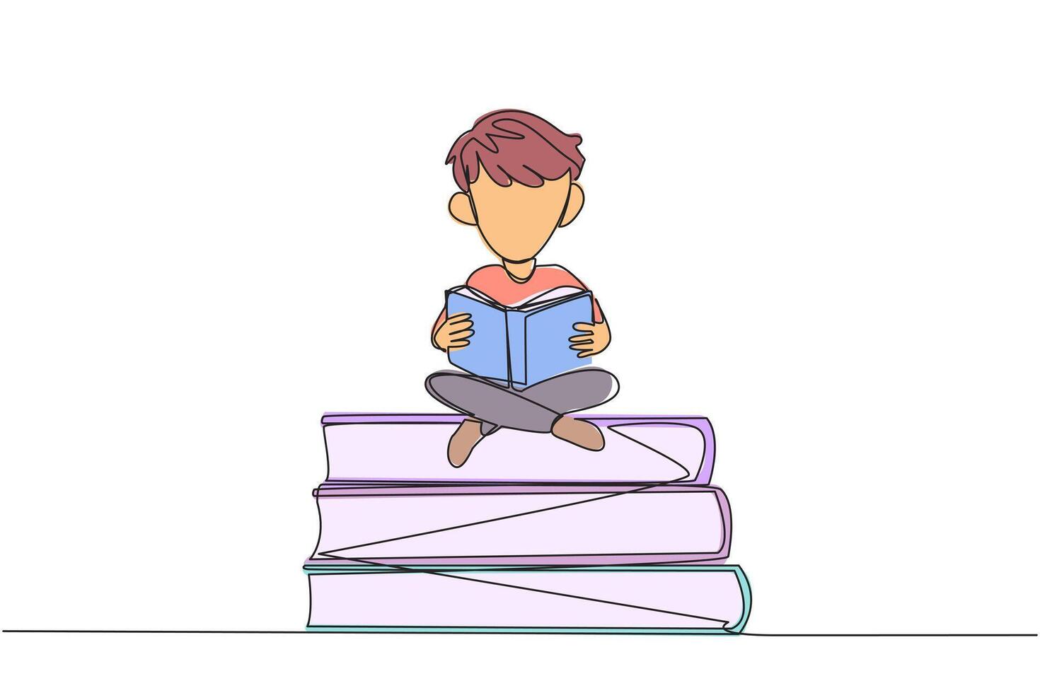 Single continuous line drawing boy sitting cross-legged on pile of large books. Reading comic. Reading textbook. Read scientific journals. Reading increase insight. One line design illustration vector
