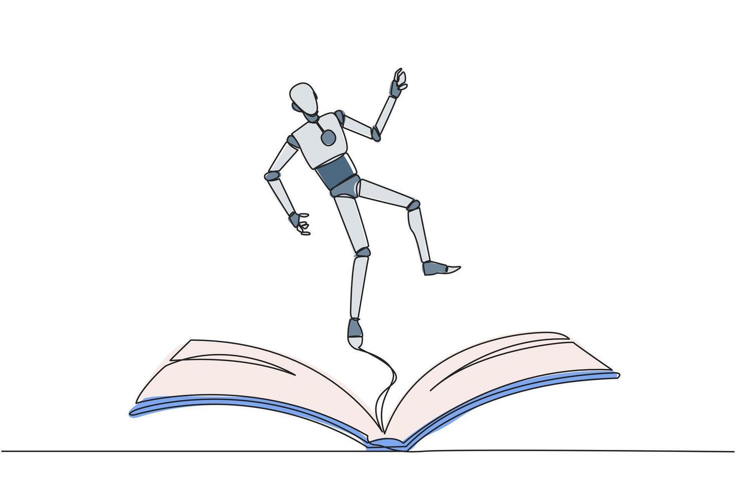 Continuous one line drawing robot hovering over an open book. Imagination to be robot astronaut floating in outer space. Enjoy the storyline. Book festival. Single line draw design illustration vector