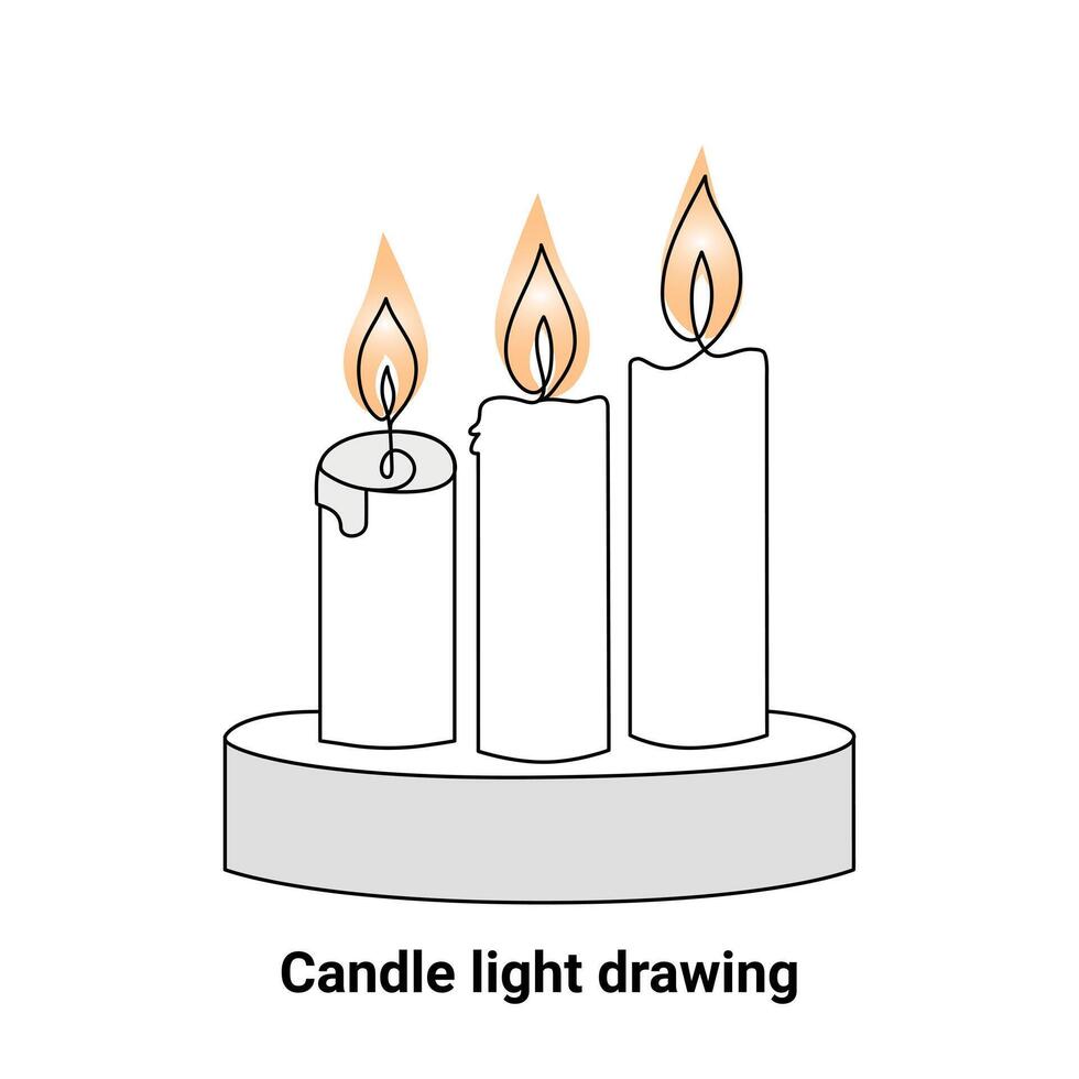 Continuous single-line candle drawing and one-line burning fire candle outline art illustration vector