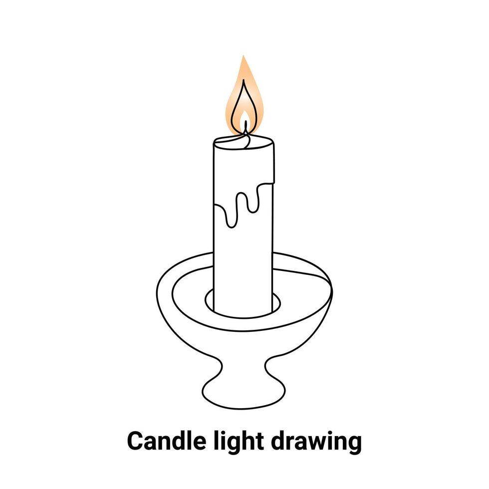 Continuous single-line candle drawing and one-line burning fire candle outline art illustration vector