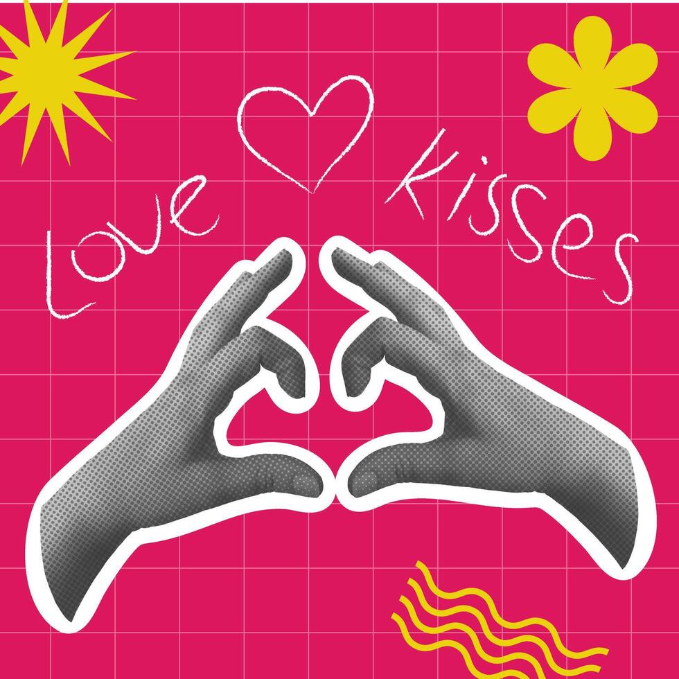 Halftone poster with hands and heart. Y2K style. Modern collage elements. Pop art vector