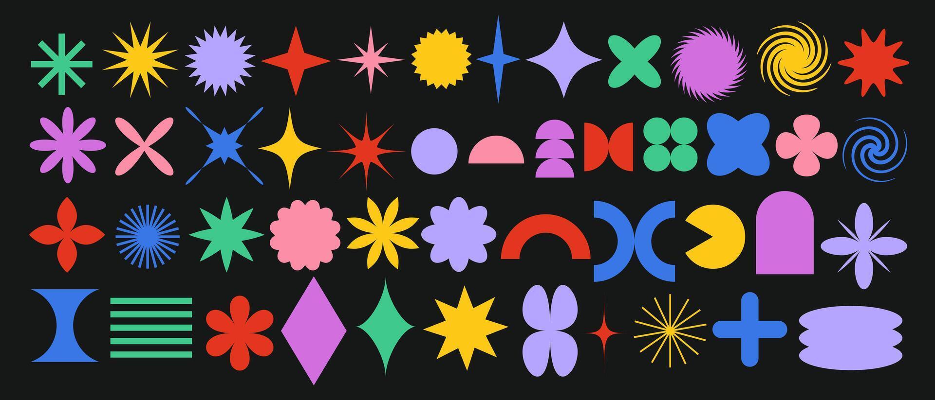 Big set of brutalist geometric shapes. Trendy abstract minimalist figures, stars, flowers, circles. vector