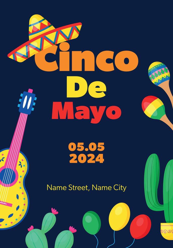 Cinco De Mayo announcing poster template. Guitar, maracas, cactus, sombrero. vector