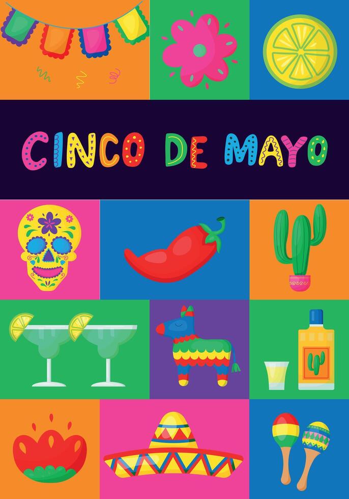 Cinco de mayo poster. Scull, tequila, cactus, pepper, maracas, sombrero vector