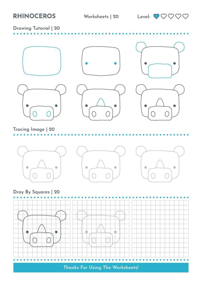 How to Draw Doodle Animal Rhinoceros, Cartoon Character Step by Step Drawing Tutorial. Activity Worksheets For Kids vector