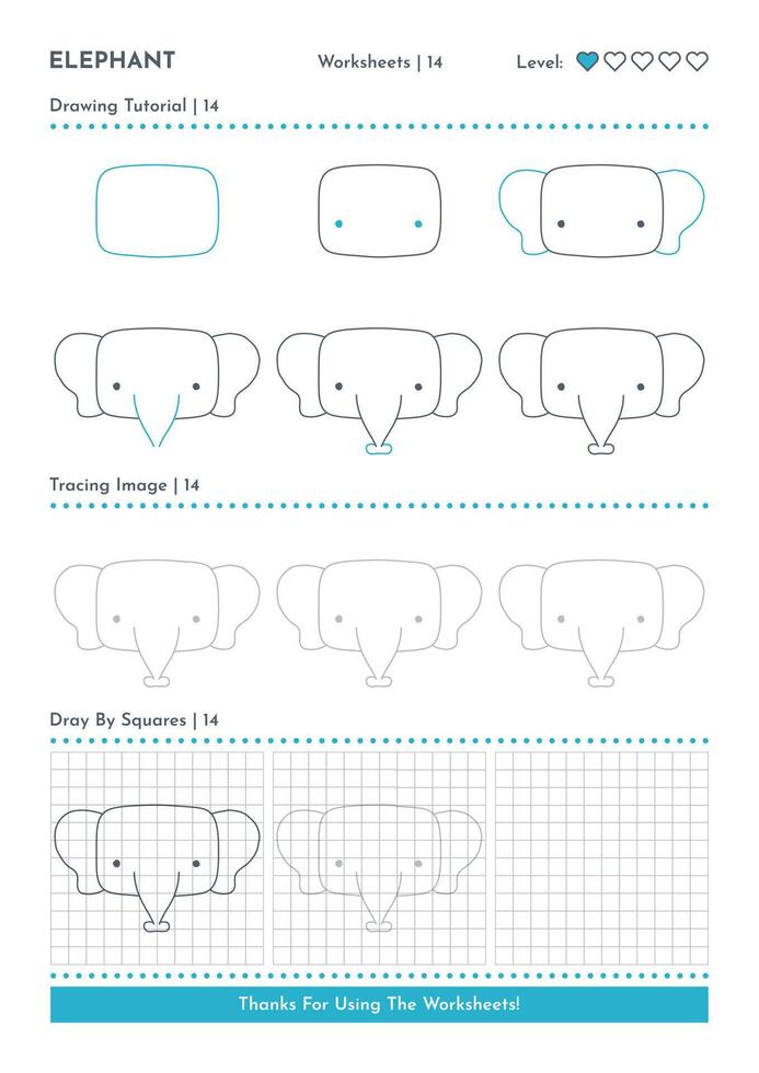 How to Draw Doodle Animal Elephant, Cartoon Character Step by Step Drawing Tutorial. Activity Worksheets For Kids vector