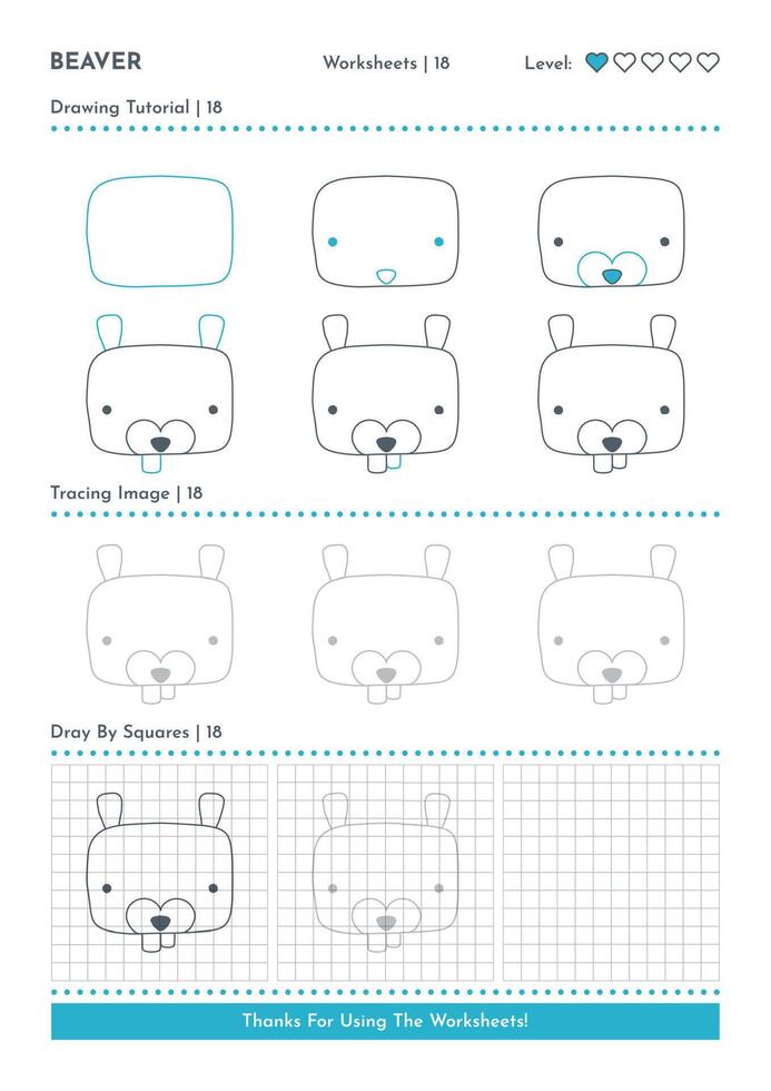 How to Draw Doodle Animal Beaver, Cartoon Character Step by Step Drawing Tutorial. Activity Worksheets For Kids vector