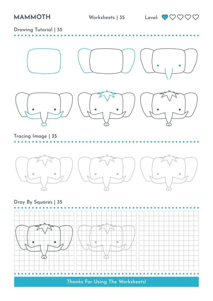 How to Draw Doodle Animal Mammoth, Cartoon Character Step by Step Drawing Tutorial. Activity Worksheets For Kids vector