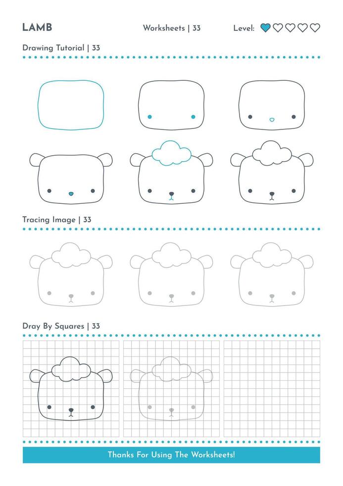 How to Draw Doodle Animal Lamb, Cartoon Character Step by Step Drawing Tutorial. Activity Worksheets For Kids vector