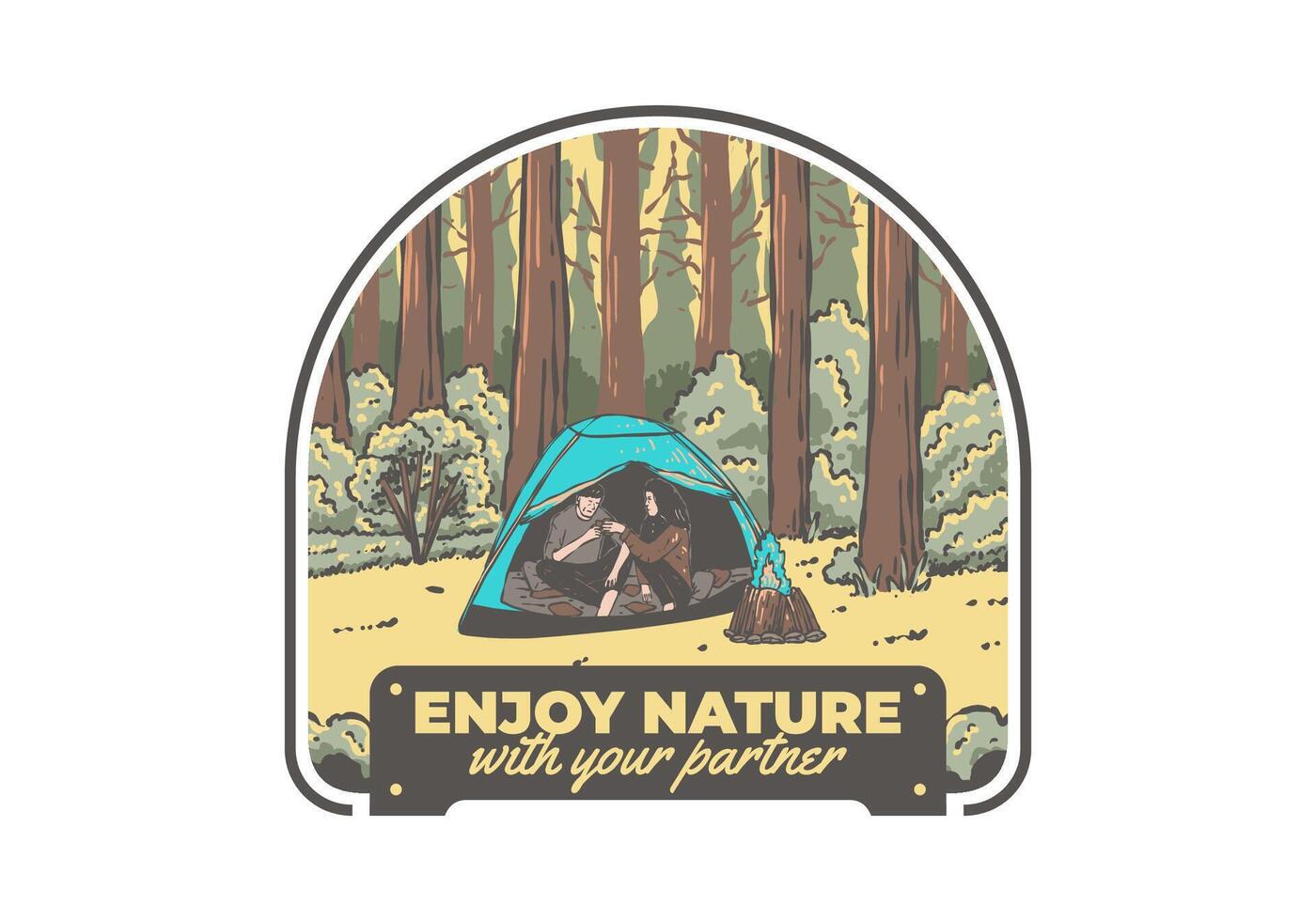 Camping in nature with partner. Vintage outdoor illustration vector