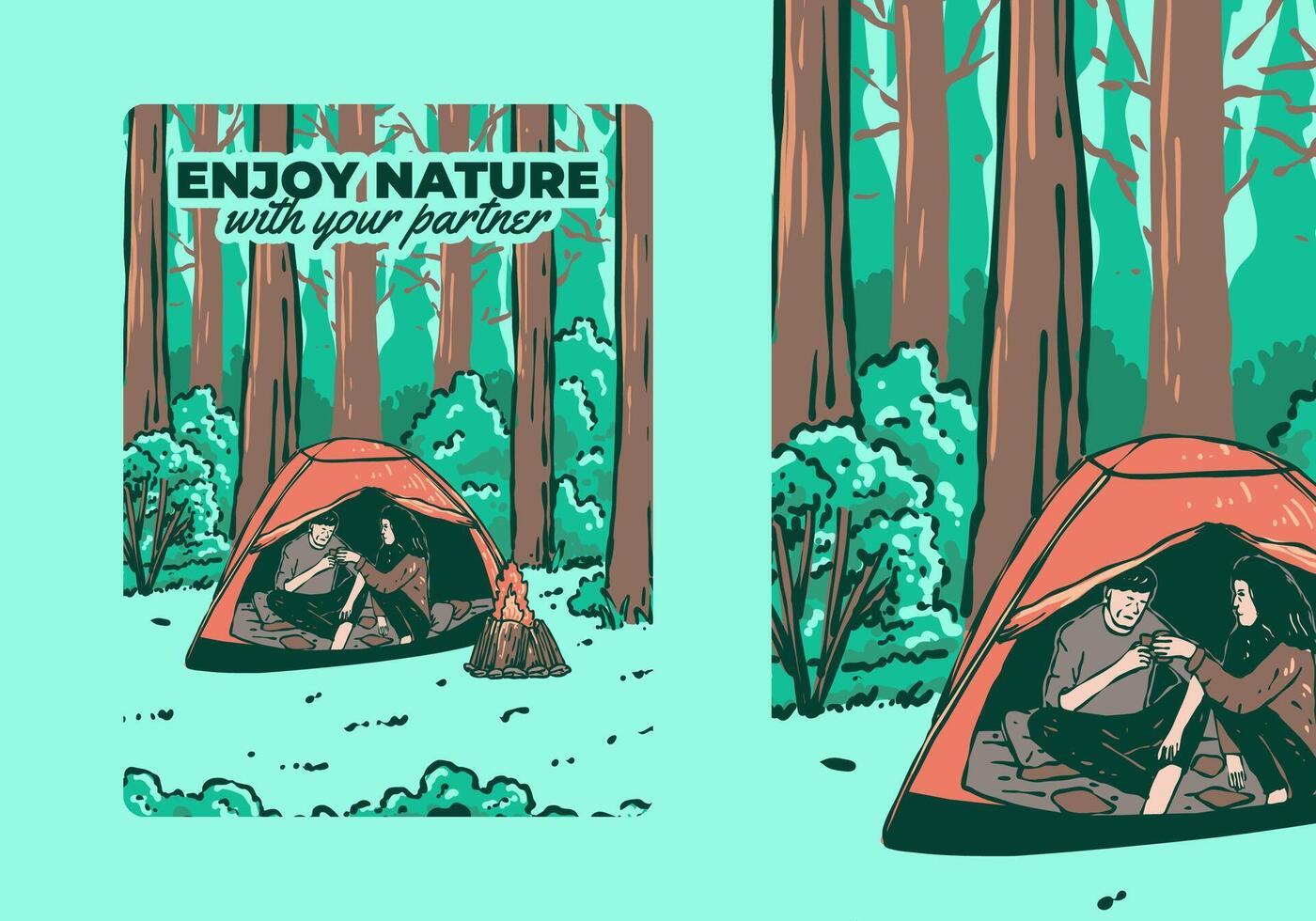 Camping in nature with partner. Vintage outdoor illustration vector