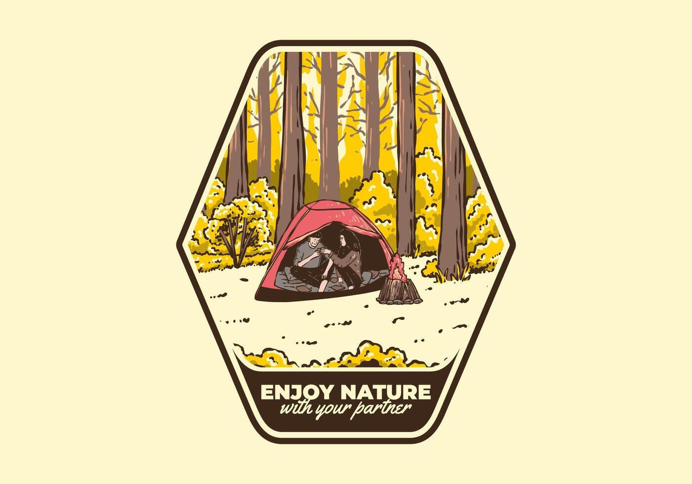 Camping in nature with partner. Vintage outdoor illustration vector