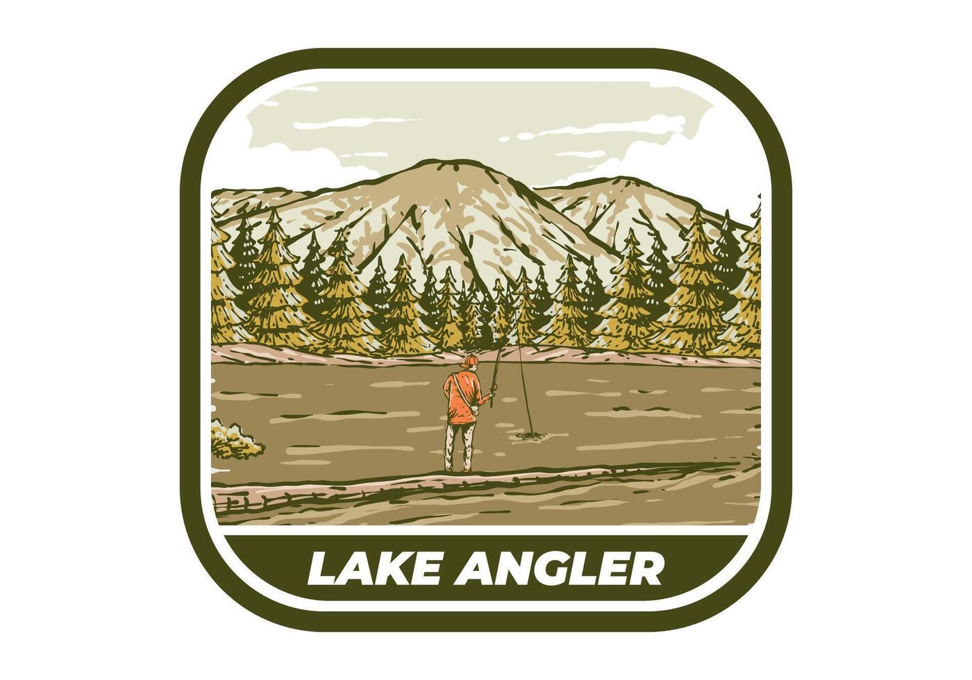 Vintage illustration of a man fishing on the lake with forest and mountain view vector