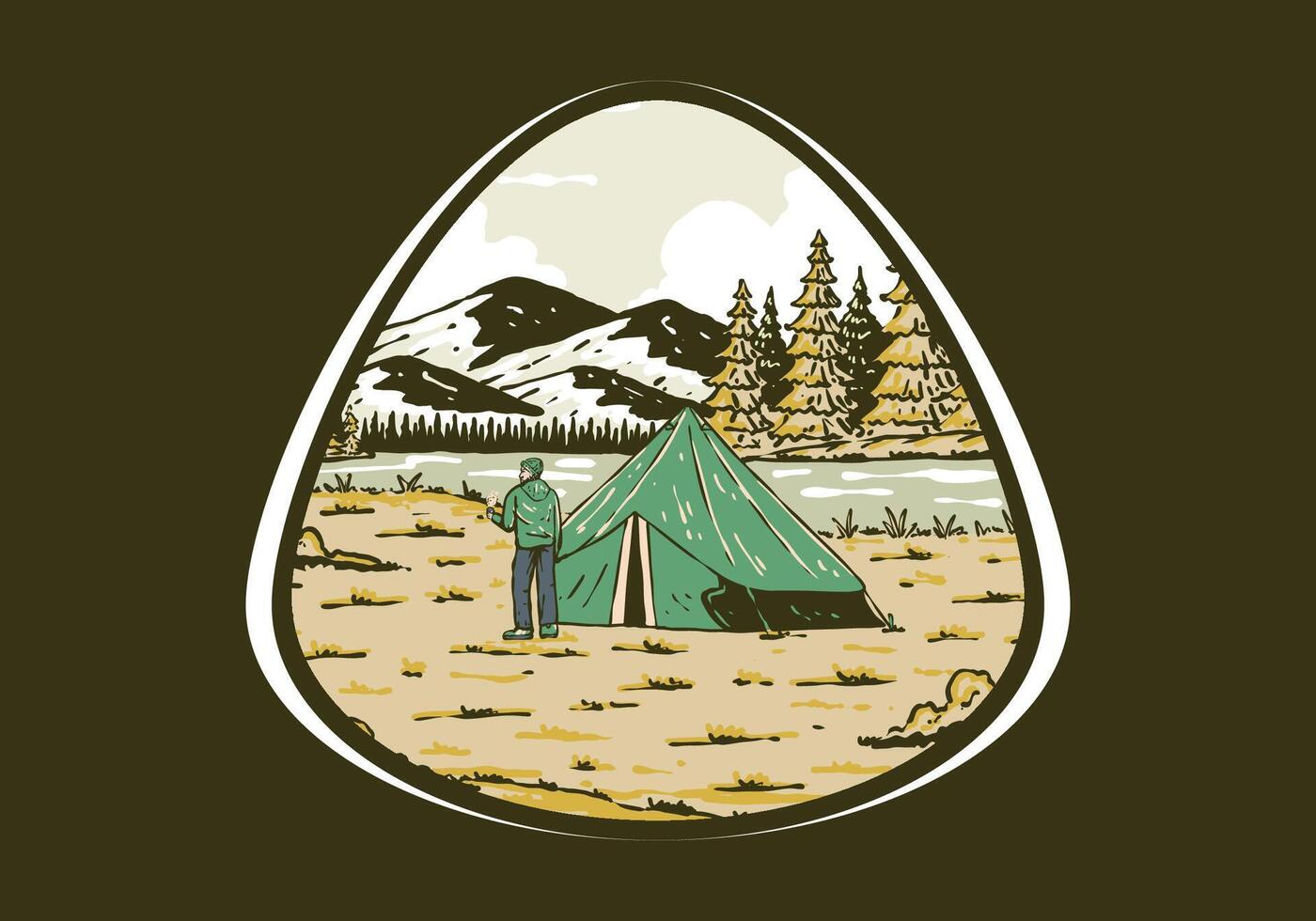River side camping. Vintage outdoor illustration badge vector