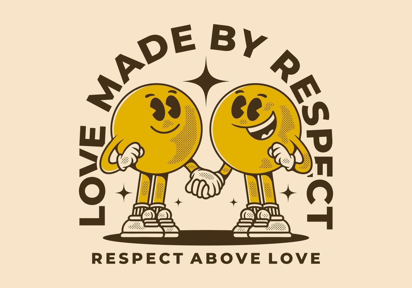 Love made by respect. Vintage character of two ball head, in hand in hand pose vector