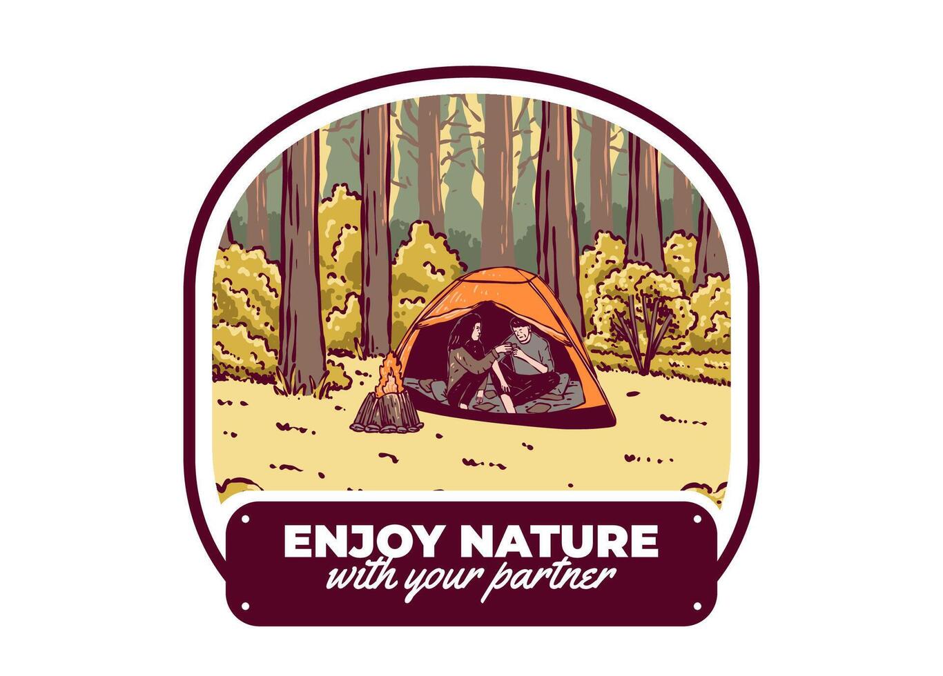 Camping in nature with partner. Vintage outdoor illustration vector