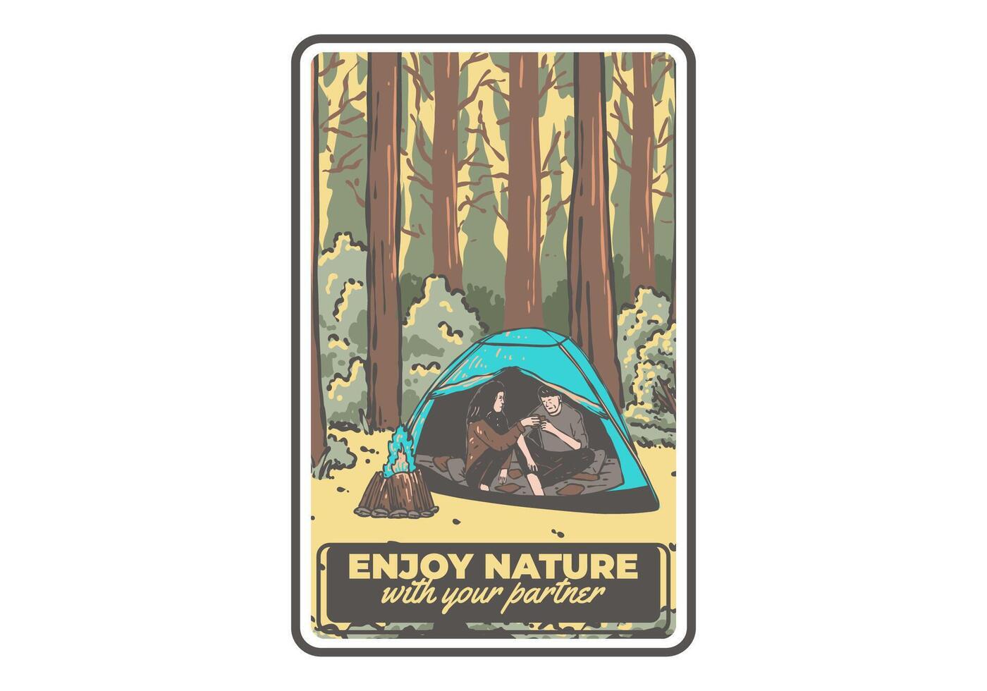 Camping in nature with partner. Vintage outdoor illustration vector