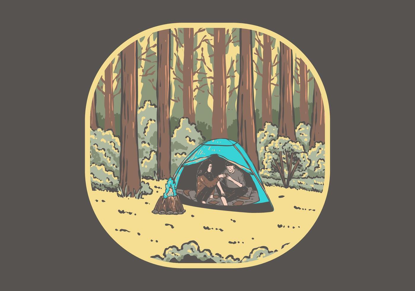 Camping in nature with partner. Vintage outdoor illustration vector