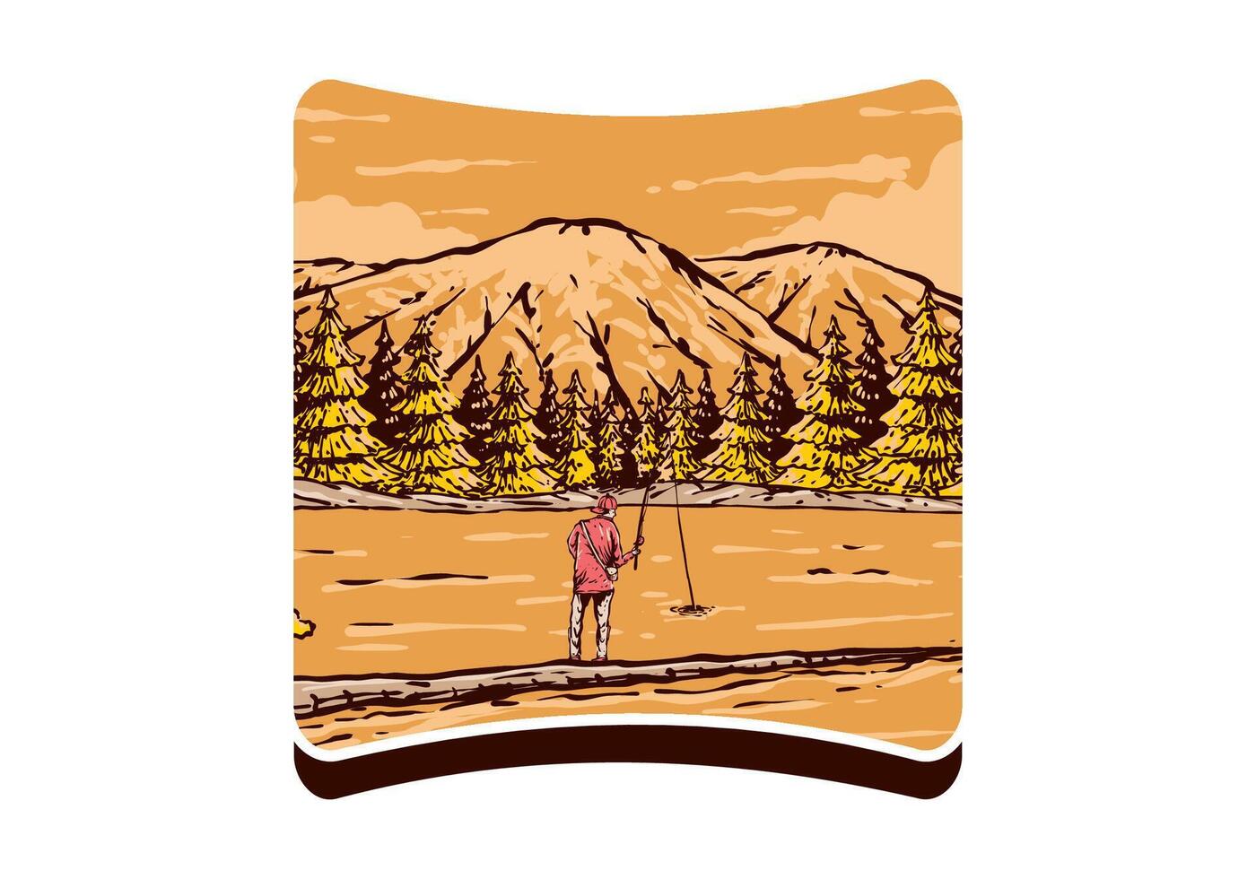 Clásico ilustración de un hombre pescar en el lago con bosque y montaña ver vector