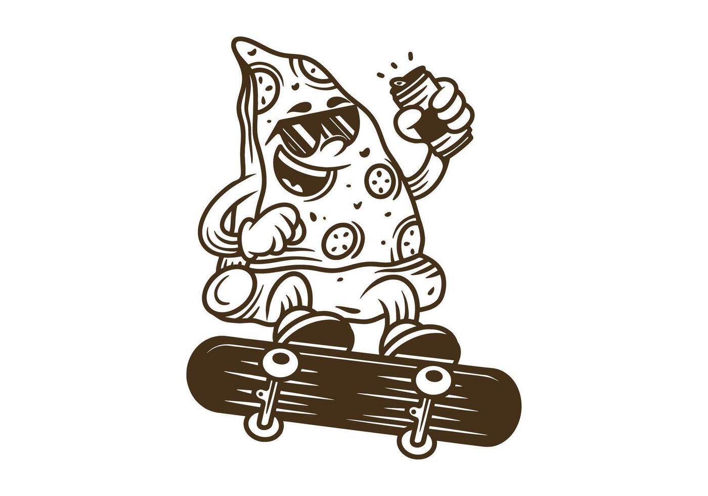 Line art illustration of pizza character jumping on skateboard vector