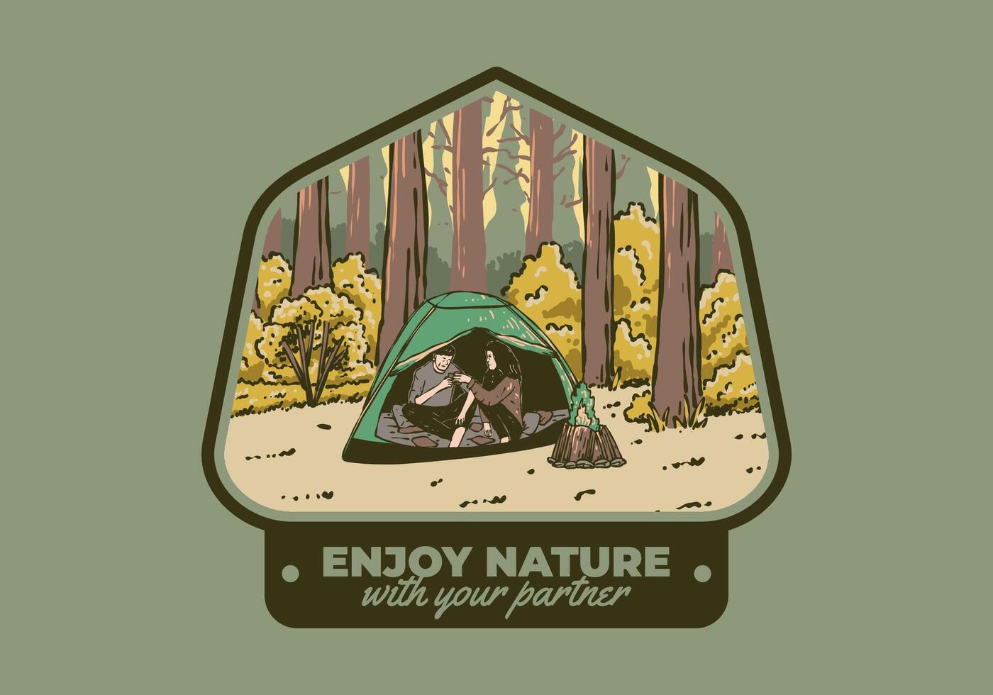 Camping in nature with partner. Vintage outdoor illustration vector