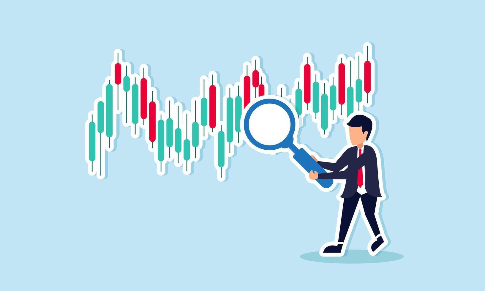 analizando valores mercado gráficos, comerciantes buscar tendencia líneas comprar vender señales, puntería para lucro en forex comercio, concepto de el inversor sostiene un lupa, recuento un inversión grafico para análisis vector