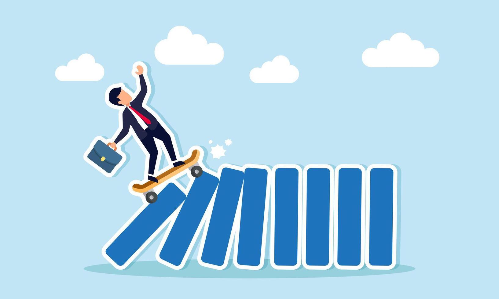 New disruptive innovation causing business upheaval, transforming and challenging existing competitors, concept of Innovative businessman swiftly skateboards, toppling all dominos in a cascade vector