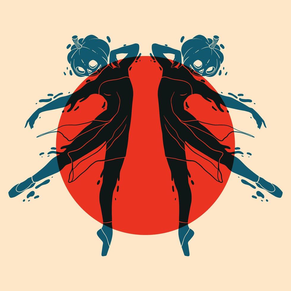 Silhouette of a ballerina, a dancer with a pumpkin instead of a head in a jump. Design element for Halloween, posters, prints for clothing, banners, covers, websites, social networks, logo. Risograph vector