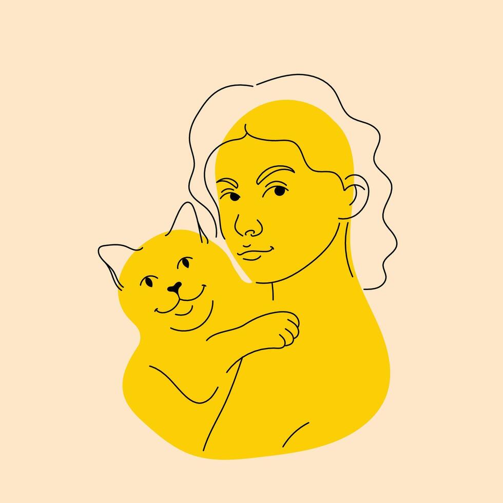 Girl with cat. Avatar, badge, poster, logo templates, print. illustration in doodle style with Riso print effect vector