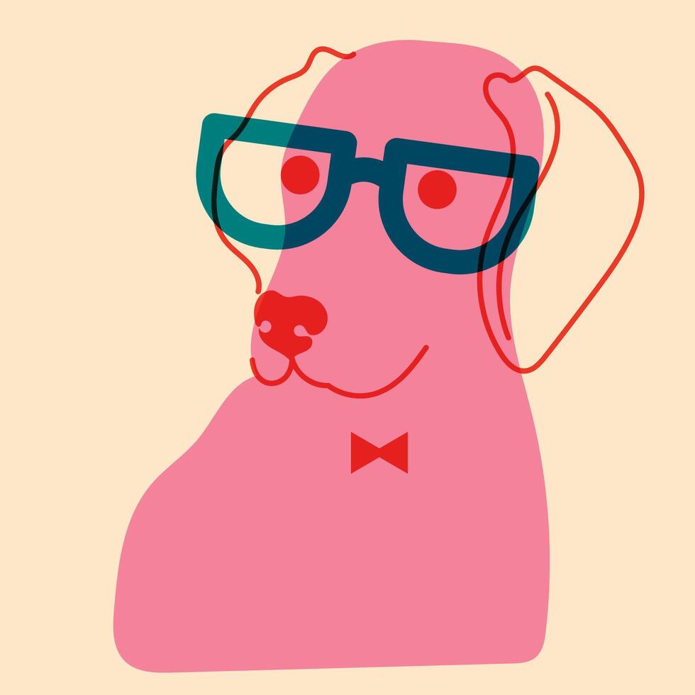 Dog, puppy in glasses. Avatar, badge, poster, logo templates, print. illustration in a minimalist style with Riso print effect. Flat cartoon style vector