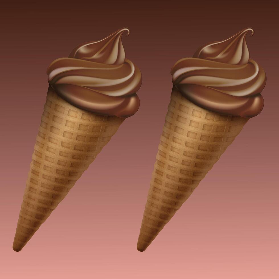 Set of various ice cream scoops in waffle cones isolated on white background vector